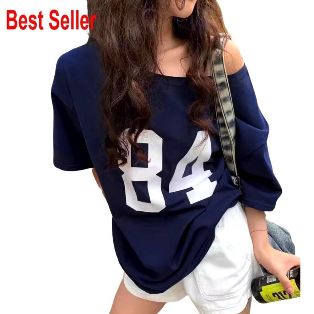 Oversized Y2K Graphic Tee Off Shoulder Jersey Number Print Summer Top